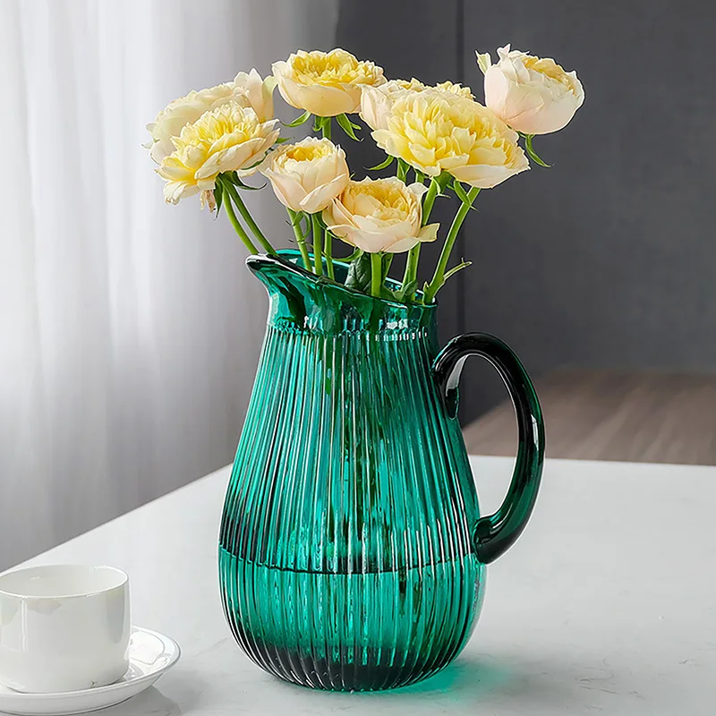 

Nordic Light Luxury Simple Modern Glass Green Vase with Handle Flower Pot Watering Cold Kettle Home Living Room Decoration