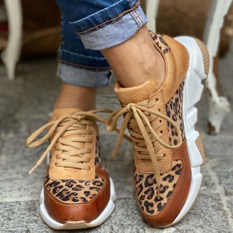 

Plus size 36-44 New Thick-soled Round Toe Low-top Leopard Print Women's Singles Cross-large Stitching Lace-up Sneakers