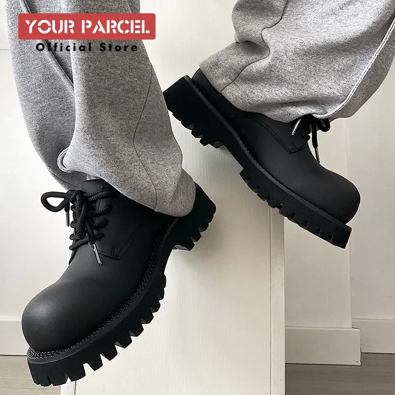 Мужские кожаные туфли с большой головкой в темном стиле увеличивающие рост Микки