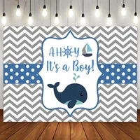 Whale Baby Shower Backdrop Props Ahoy Navy Blue and Grey Wave It's A Boy Little Squirt Photography Background Photo Banner 7x5ft