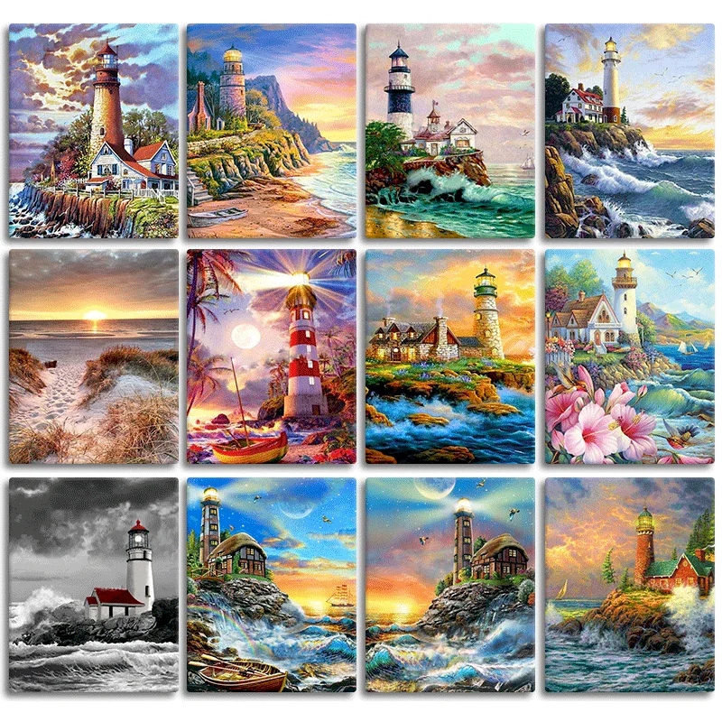 

GATYZTORY Diy Oil Painting By Numbers Kits Lighthouse Wall Art Frameless Pictures By Numbers Seascape For Children's Room Decor