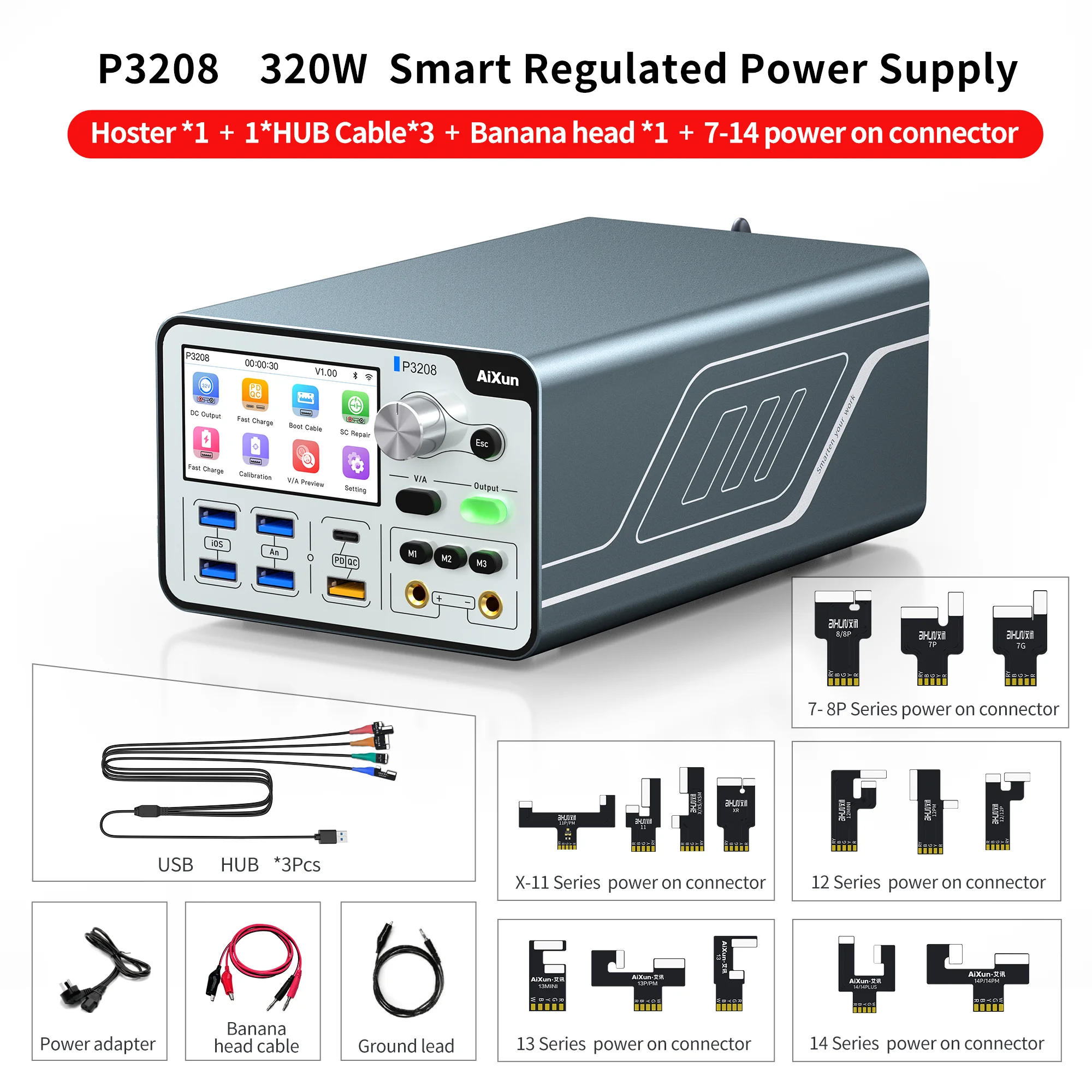 

Умный Регулируемый источник питания AIXUN P3208 320 Вт для телефона 7-14ProMax, Поддержка протоколов быстрой зарядки PD/QC, однокнопочный кабель питания