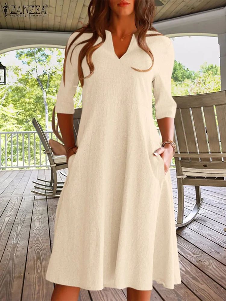 

ZANZEA Summer Casual Solid Color Dress Women Elegant Knee-length Dresses V-neck 3/4 Sleeve Pockets Vestidos Holiday Leisure Robe