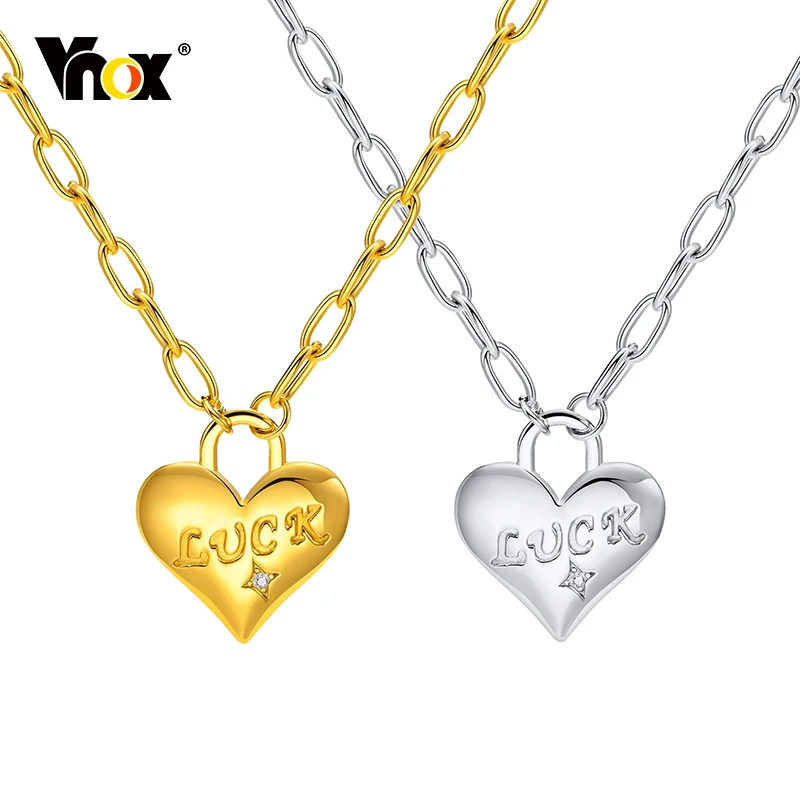 

Vnox Chic Good Luck Heart Necklaces for Women Ladies Teen Girls Graduation Gift, Gold Color Stainless Steel Paperclip Chain