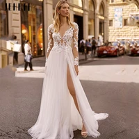 jeheth simple long sleeves tulle high split wedding dresses a line o neck lace applique backless bridal gown vestidos de novia