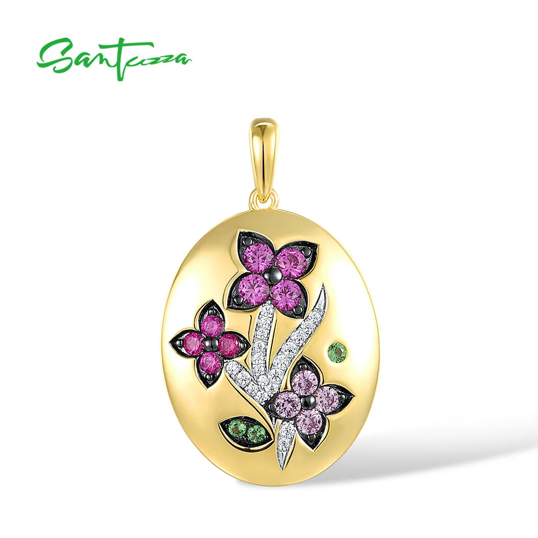 

SANTUZZA Pure 925 Sterling Silver Flower Pendant For Women Created Ruby/ Pink Sapphire White CZ Green Spinel Fine Chic Jewelry