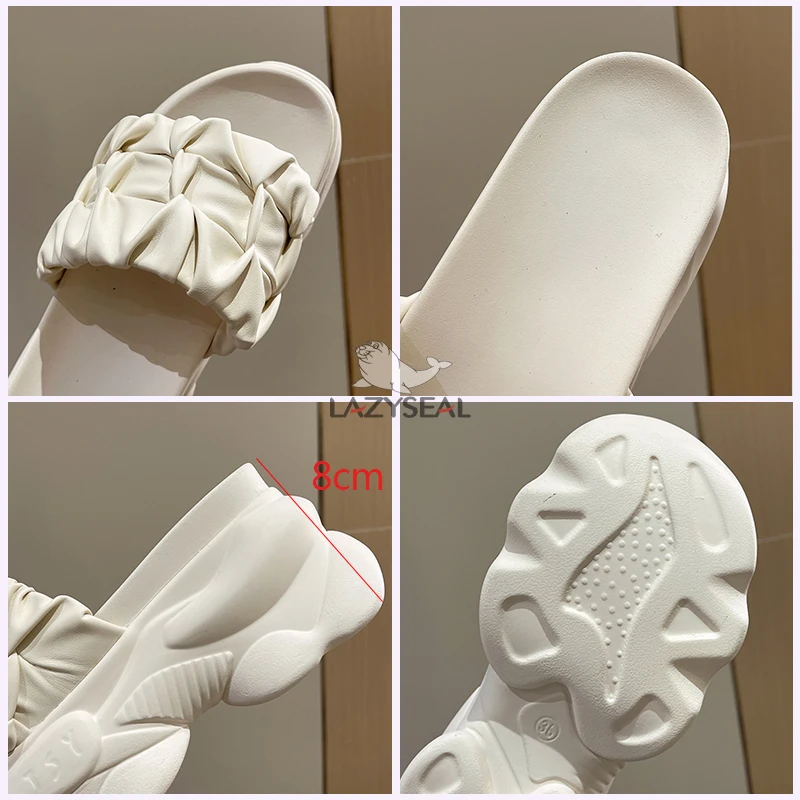LazySea 8cm High Wedge Heels Slides Women Sandals Pleated Upper Solid Color Women Platform Slippers Outside Ladies Shoe