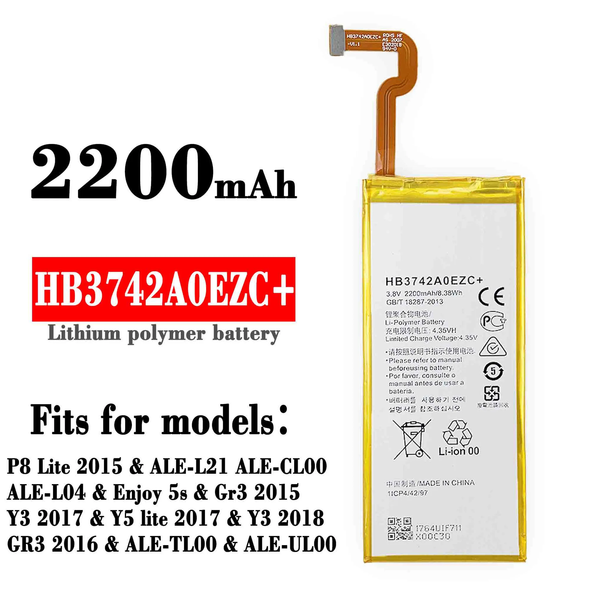 

HB3742A0EZC+ Replacement Battery For Huawei Ascend P8 Lite GR3 Y3 Y5 TAG-L21 Enjoy 5s L03 L13 ALE-L21 ALE-UL00 2200mAh Bateria
