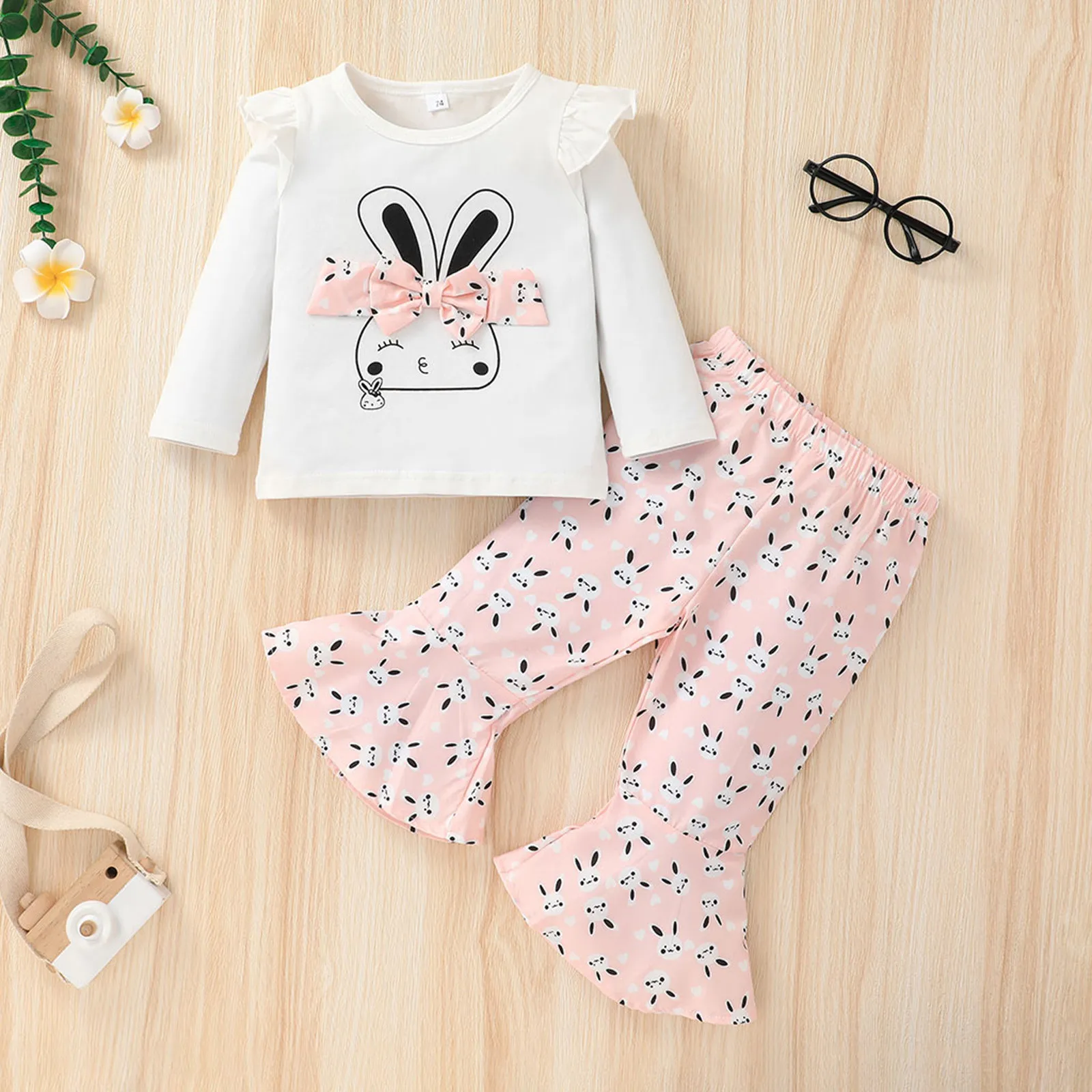 

Mommy's Little Girl Outfits Baby Girls Clothes Sets Cartoon Rabbits Bow T-shirt Loose Long Sleeves Tops With Flared Pants