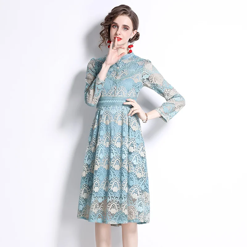 

Ins Vintage Flower Print Blue Lace Dress Casual Women Long Sleeve Hollow Out Knee-Length A Line Dresses