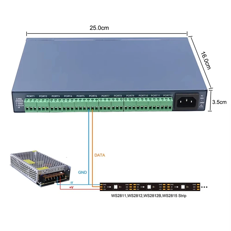 Контроллер цвета 12 портов Resolume Artnet-SPI для светодиодных лент WS2811 WS2812 WS2815 DMX512, вилка US - DT30 (art.: 3920dc42eb528) - 3920dc42eb528