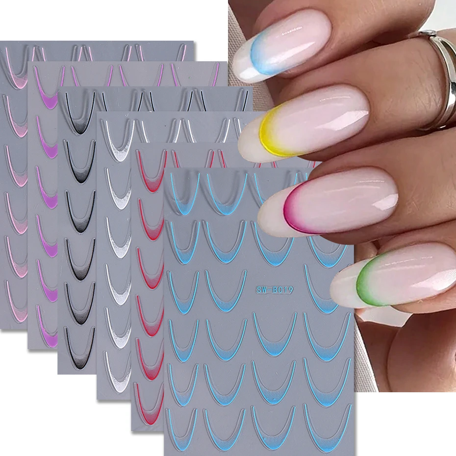 3D градиентная французская линия наклейка для ногтей нерегулярный цветок
