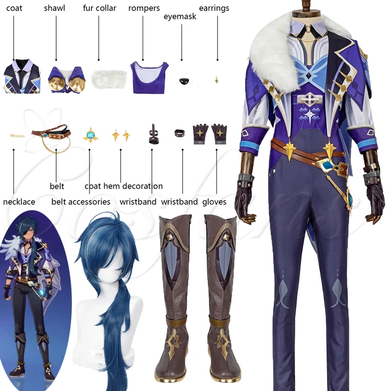 

Game Genshin Impact Kaeya Alberich Cosplay Costume Kaeya Clothes Boots shoes Full Set Custom Made Halloween Party Cosplay wigs