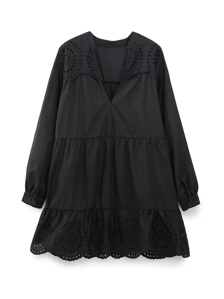 

Женское короткое Хлопковое платье, повседневное черное винтажное платье мини с длинным рукавом и ажурной вышивкой, 2023