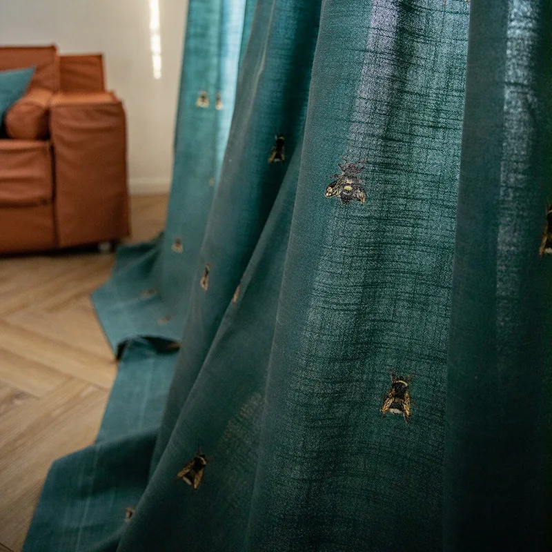

Retro Dark Green Bee American Country Semi-blind Hall Curtains for Living Room Bedroom Dining Custom Window Screens Hoom Decor
