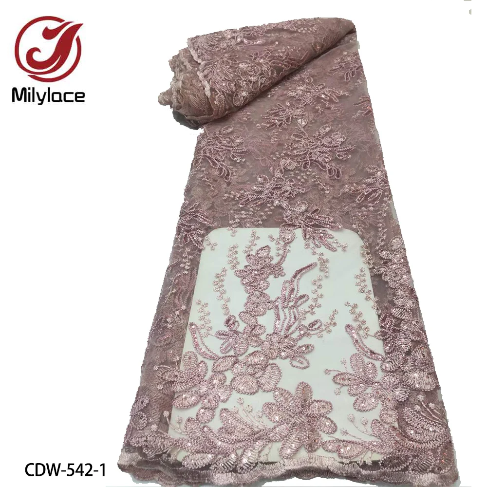 

French Tulle Lace Fabric High Quality Lace African Mesh Net Fabric with Sequins Material for Party Dress CDW-542