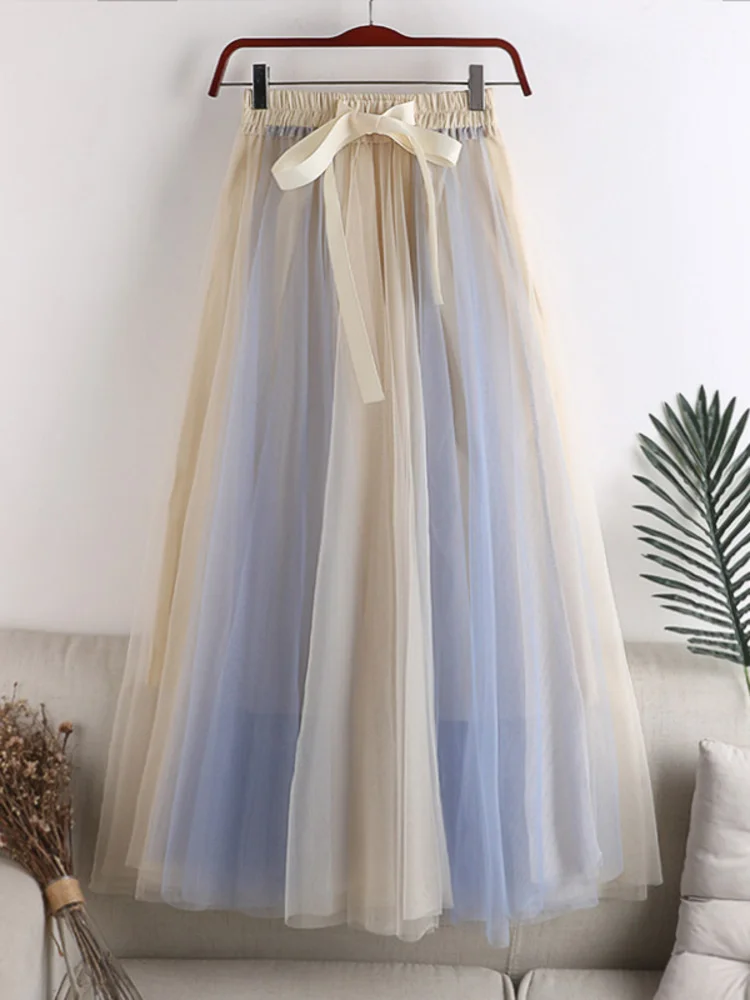 

Fashion High Waist Color Contrast Mesh Skirt Cute Pink Pleated Mid Half Length Skirts 2023 Spring Beautiful women clothes M283
