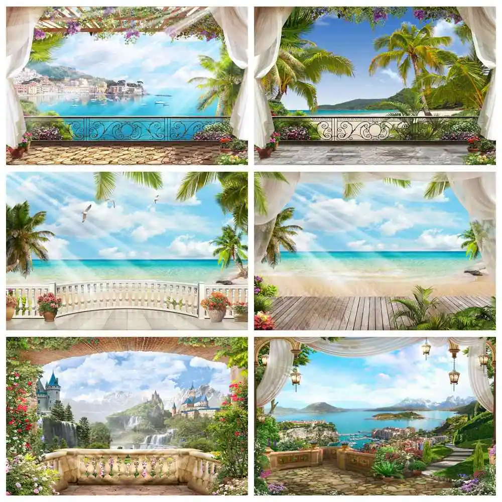 Tropical Sea Viewing Platform Landscape Photography Backdrops Custom Baby Party Decoration Photo Booth Photographic Backgrounds