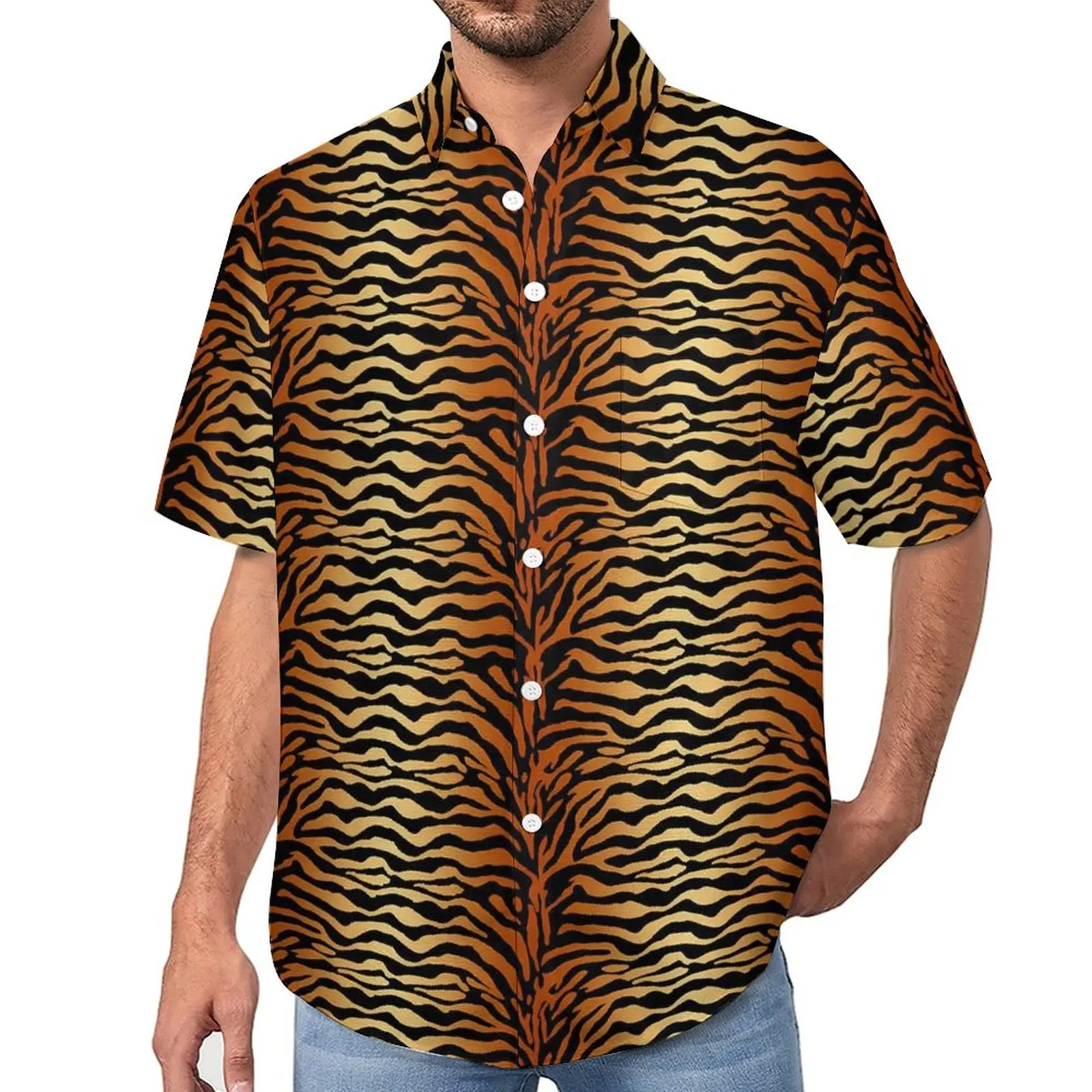 

Tiger Stripes Blouses Men Animal Print Casual Shirts Hawaiian Short-Sleeved Custom Vintage Oversized Vacation Shirt Gift Idea