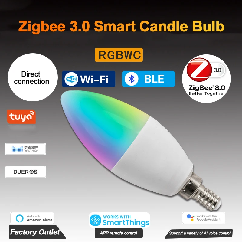 

Светодиодная лампа Tuya Smart Home Rgbcw E12 E14 5 Вт, умная лампа-свеча, работает с Alexa Google Home Zigbee 3,0, голосовое управление