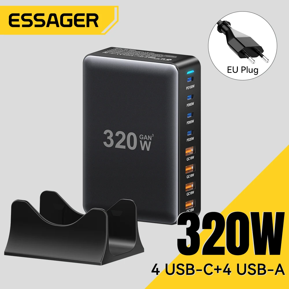 Зарядное устройство Essager 320 Вт GaN 8 портов USB Type C настольная зарядная станция PD 100