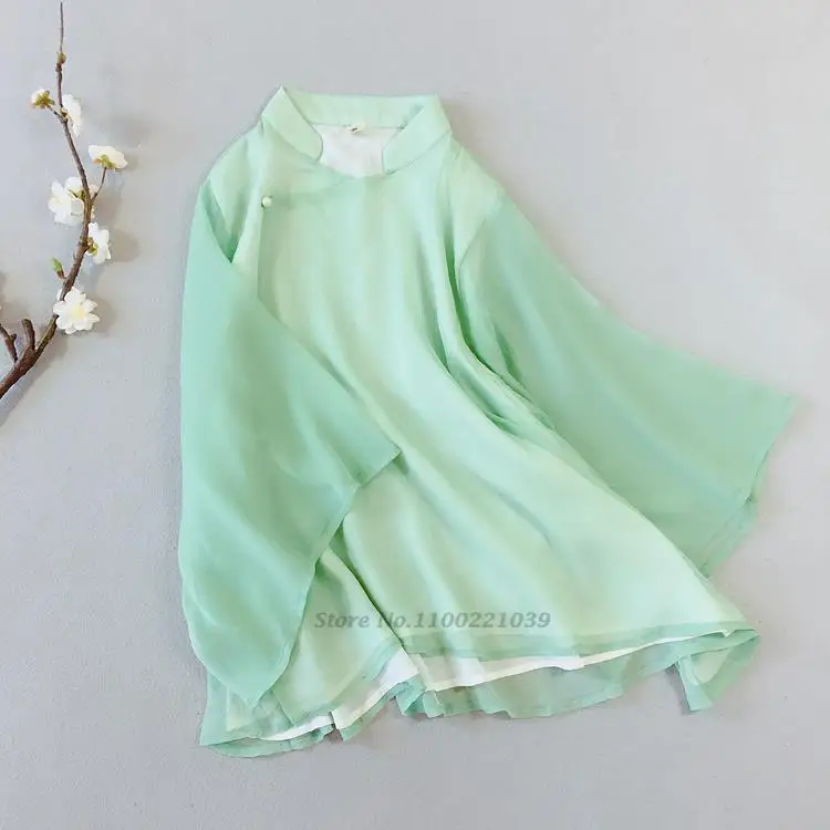 

2022 traditional chinese clothing women tai chi chiffon tang suit top costume female kung fu shirt long sleeve blouse qipao top