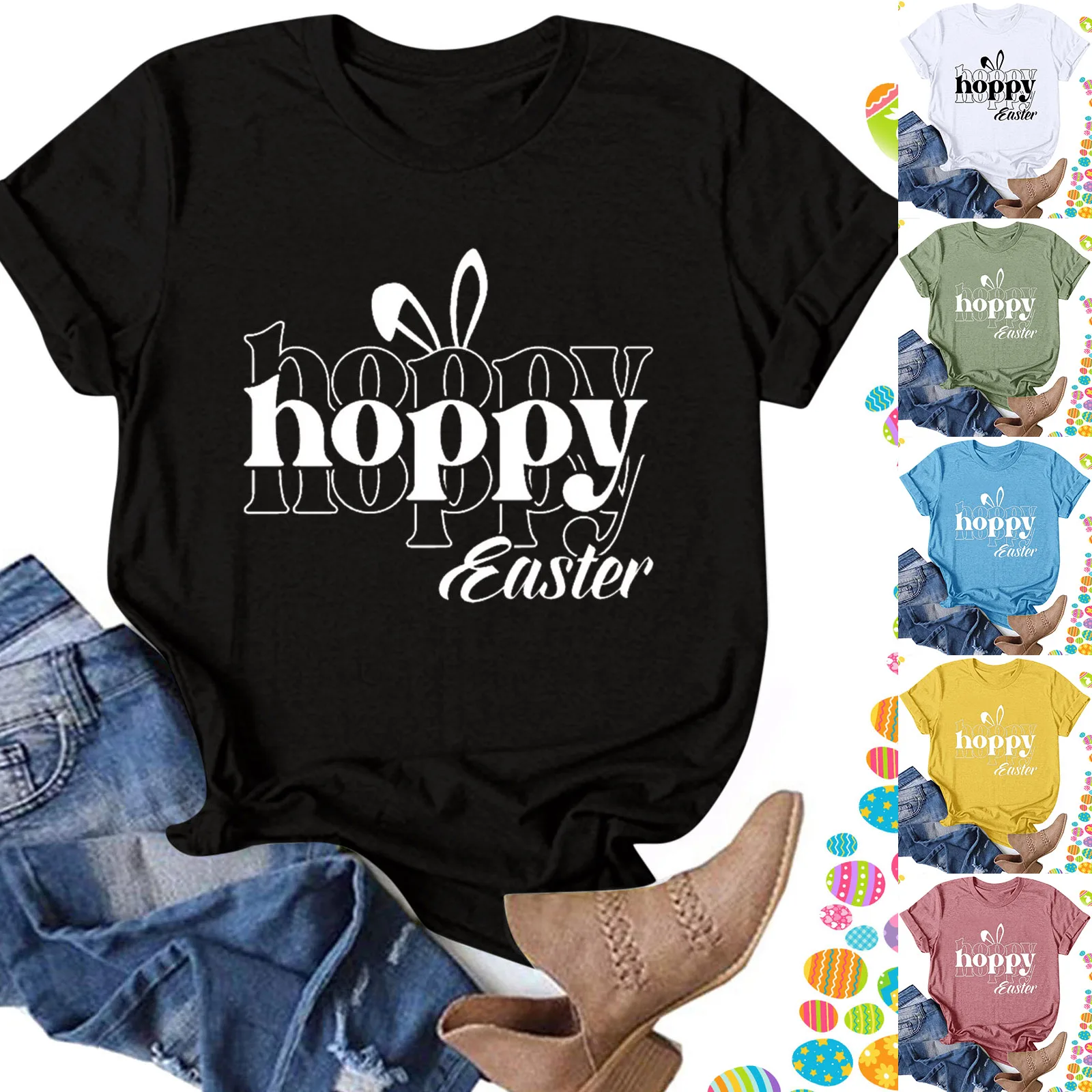 

Футболка женская с круглым вырезом, модная Повседневная рубашка с принтом на Пасхальный день, топ с коротким рукавом, шелковая туника, базов...