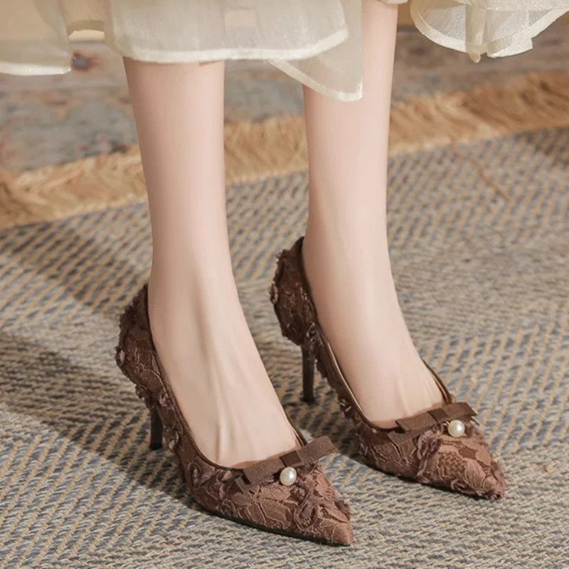 Женские туфли на высоком каблуке с кружевом и бантом элегантные женские