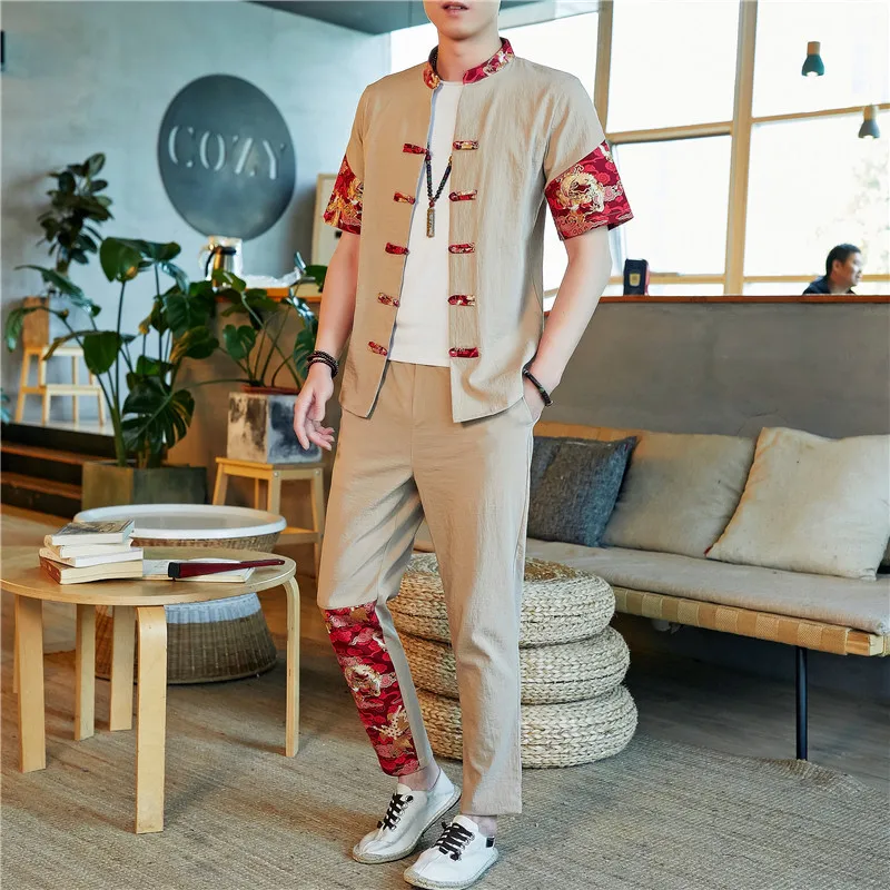 

2022 мужской Традиционный китайский стиль костюм Тан Ретро ханьфу рубашка брюки Кунг-фу Униформа набор японское кимоно Повседневная блузка б...
