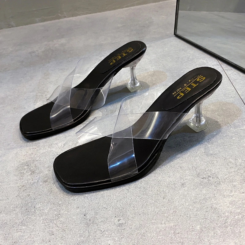 

Newhigh-heeled Sandals Cross Large Size Transparent with Crystal Foreign Trade European and American Cross-border Slippers Women