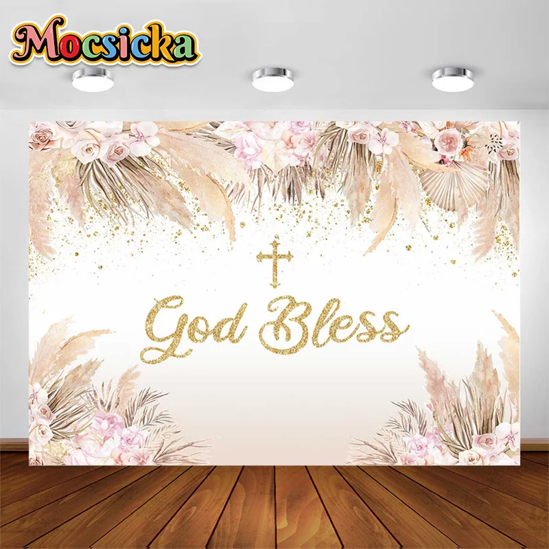 

Bohemian Baby Baptism Backdrop Boho Flowers Newborn First Communion Photo Background Cross God Bless Photography Studio Props