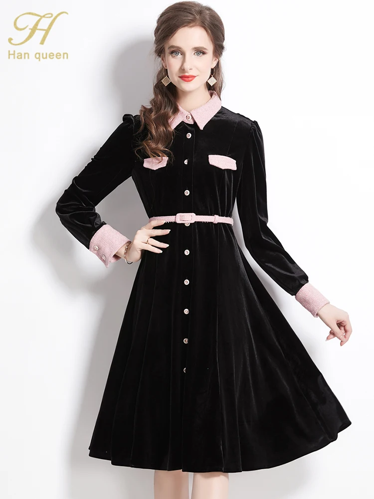 

Платье-победитель H Han Queen 2023, простое модное однобортное бархатное платье, офисные элегантные платья, женские платья с цветной блокировкой