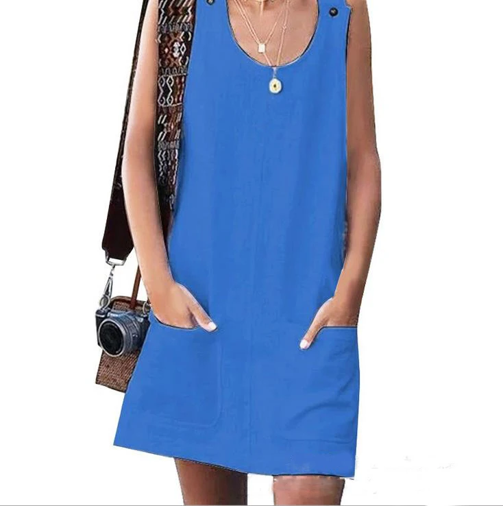 2023 new Loose Dress Cotton Linen Pocket Round Neck Sleeveless Dress Women Summer Vintage Vestido Feminino short