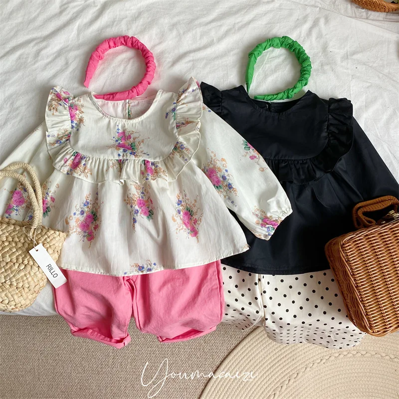 2022 Autumn New Korean Girls Sweet Floral Lace Shirt Children's Cotton Top