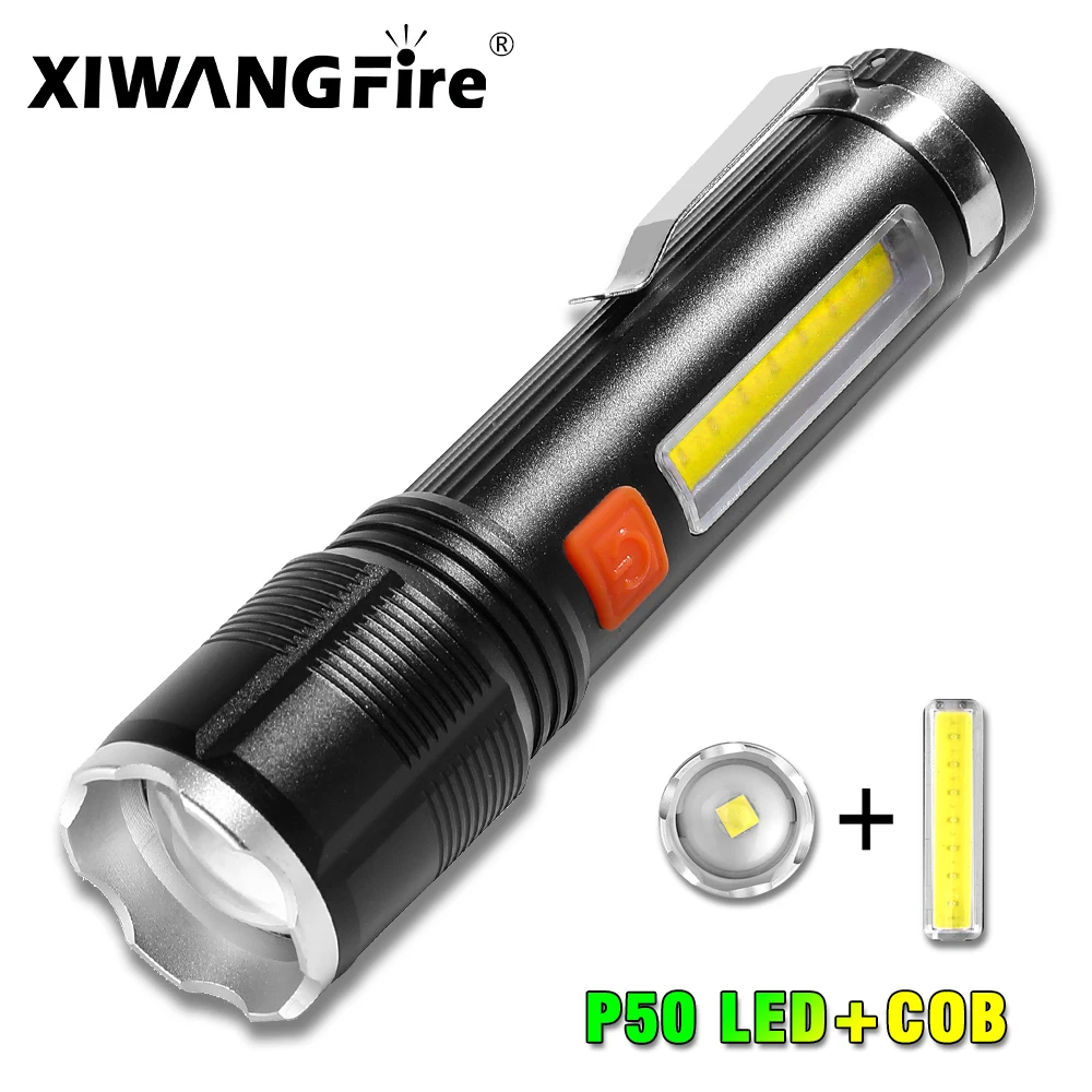 

2022 New Portable Lighting Light 4 Core P50+cob LED Flashlight USB Rechargeable Zoom Outdoor Camping Torch with Built-in Battery