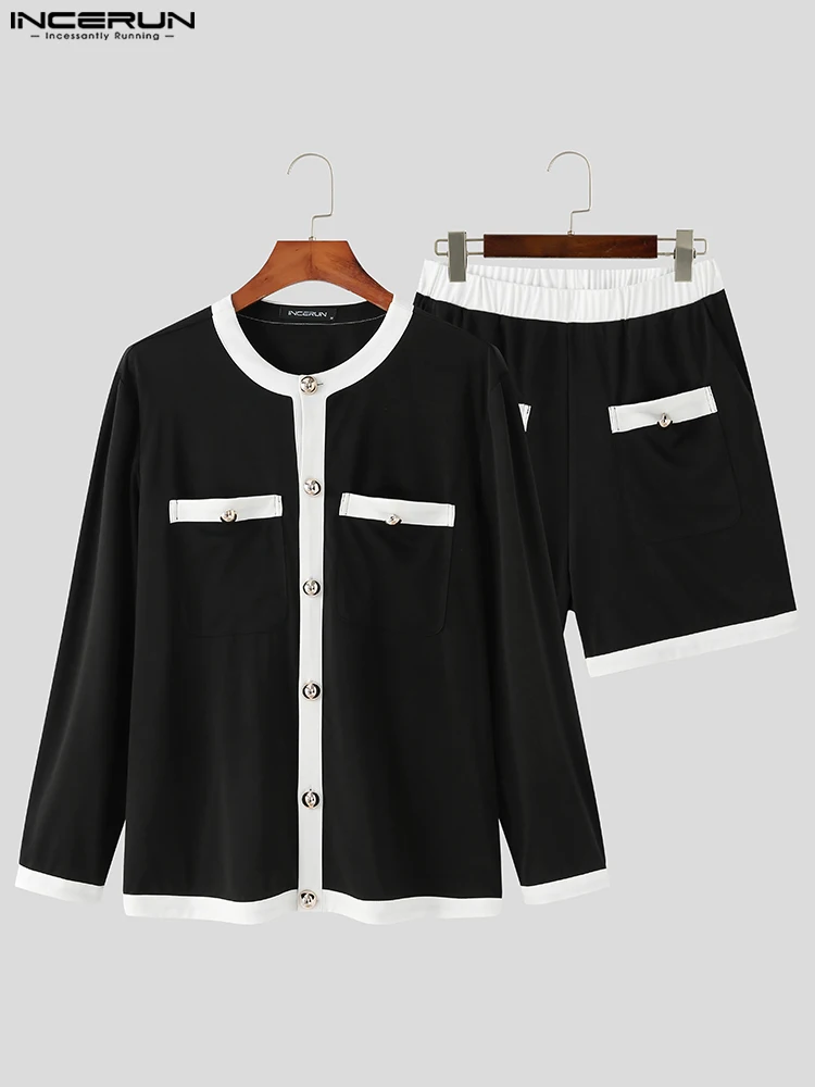 Fashion Casual Style Tops INCERUN Men's Contrast Metal Button Sets Collarless Long Sleeve Shirt Shorts Suit 2 Pieces S-5XL 2023