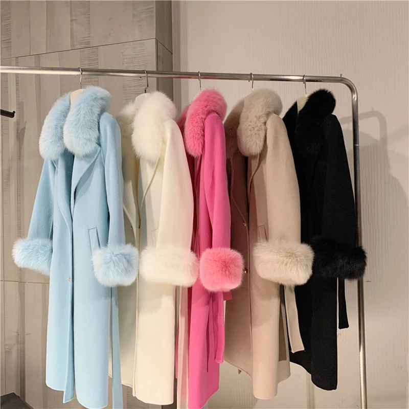Winter Natural Fur Jacket Real Woolen Coat Natural Fox Fur Collar Cashmere Wool Blends Long Outerwear Ladies Streetwear Elegant enlarge