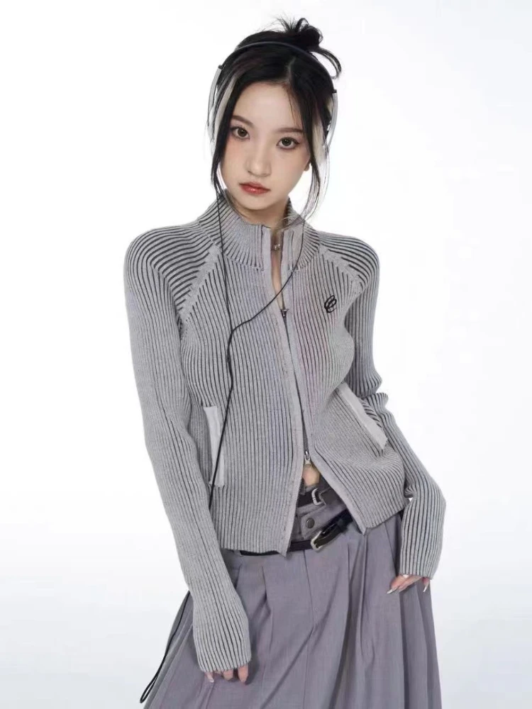 

Deeptown Y2K Retro Gray Cropped Cardigan Women Harajuku Kpop Embroidery Knitted Sweater Grunge Slim Zipper Top Korean Streetwear