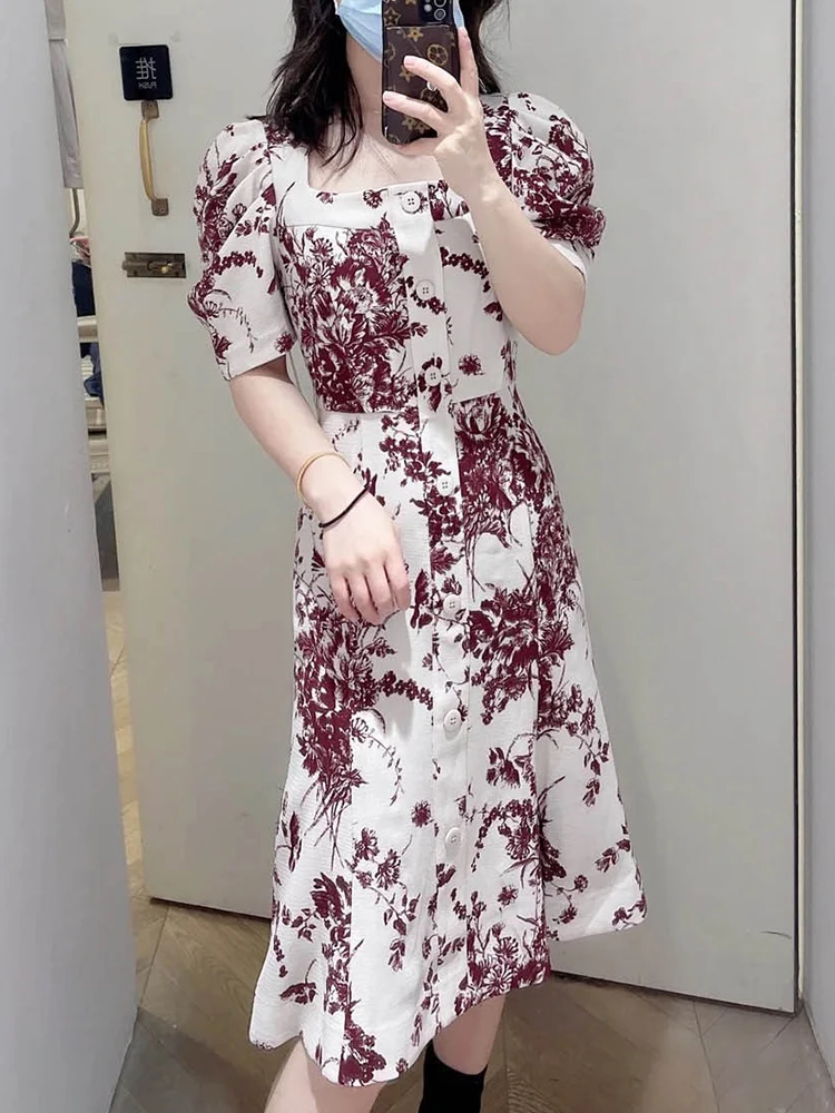 

2022 Spring Summer Single Breasted Slim Fit Floral Print Square Collar Mid-calf Dress Japan Style Sweet Long Dresses with Belt