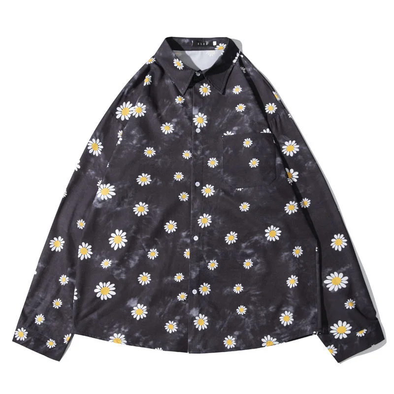 Spring Flower Shirt Men Fashion Printing Casual Shirt Men Streetwear Korean Loose Long-sleeved Shirts Mens Ice Silk Shirt M-3XL