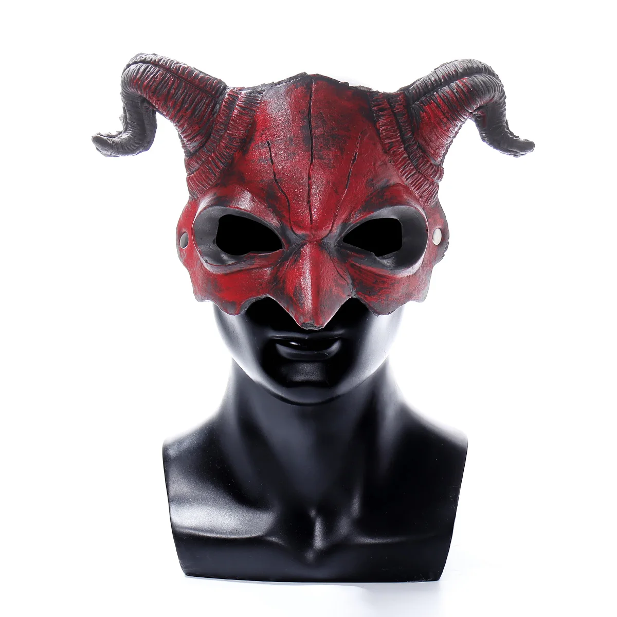 

Demon Red Rusty Horn Cosplay Mask Half Hell Fire Sheep Halloween Evil Scary Holy Party Man Woman Costume Props