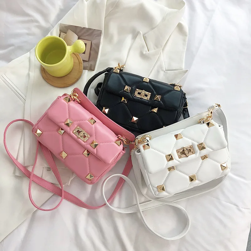 

New Rhombus Pocketbook Handbags Crossbody Fashion Rivet One-shoulder Messenger Designer Bags Wide Strap Crossbody Women Satchels
