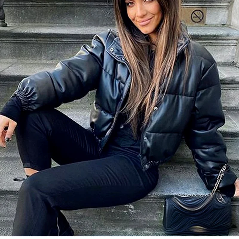 Winter and Autumn Fashion Women's Down Jacket 2023 Fashion Bubble Coat Bread Coat Pu Leather Stand-up Collar Short Coat