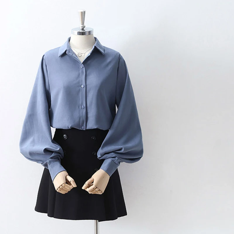 

Womens 2022 Fashion Lantern Sleeve Button Up Solid Blouses Korean Style Lolita Clothes White Blue Black Top Long Sleeve Party