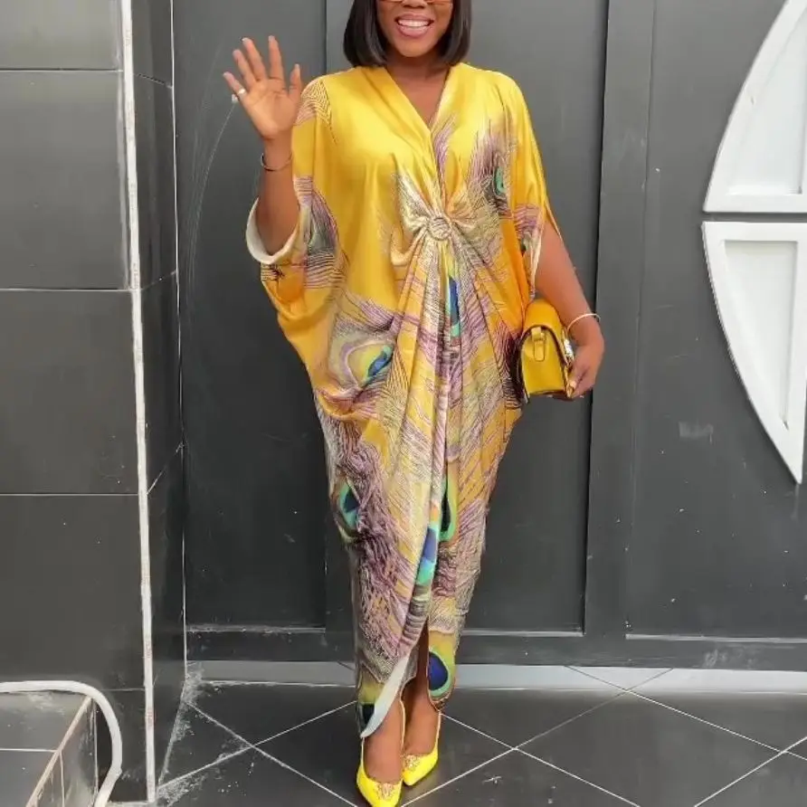 Plus Size Satin Dress Women Print Loose Wide Elegant Cloth Lady Casual Long Robe 2023 Summer Trendy Evening Party New In Dress