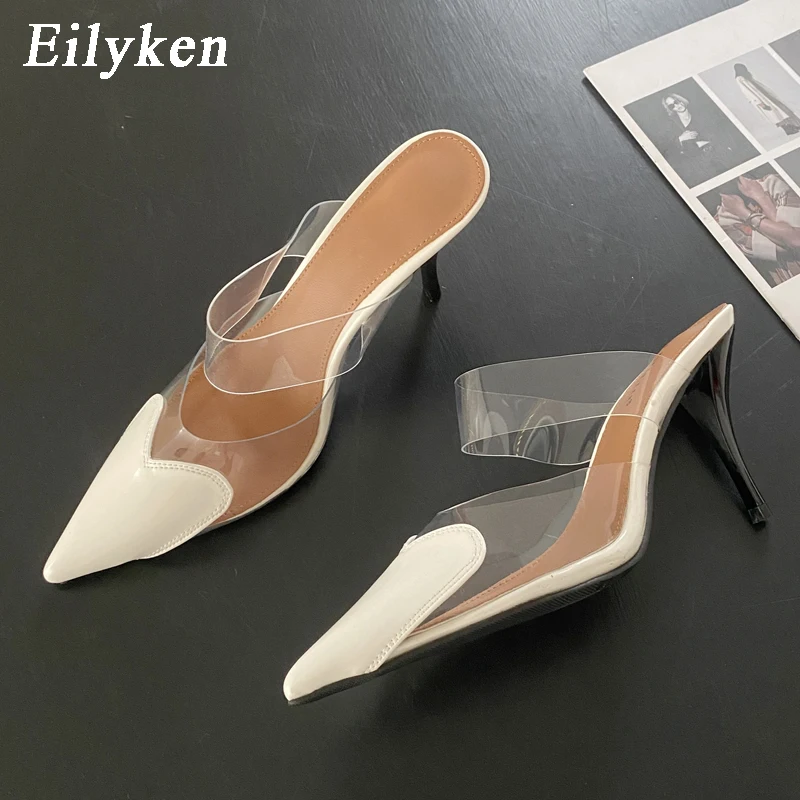 

Eilyken/Модные прозрачные тапочки из ПВХ; Женские летние туфли на низком тонком каблуке с острым носком; Дизайнерские вечерние тапочки шлепанцы без застежки