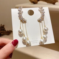 geometric crystal earrings for women bijoux long tassel ear clip pearl dangle earrings weddings party jewelry