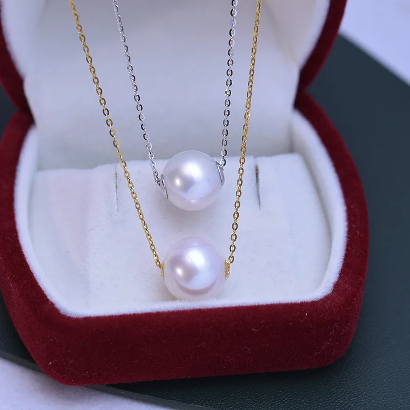 

G18 K Gold Freshwater Edison Pearl 10-12mm Round With Strong Light and Slight Flaws Pearl Perforated Pendant Necklace for Women
