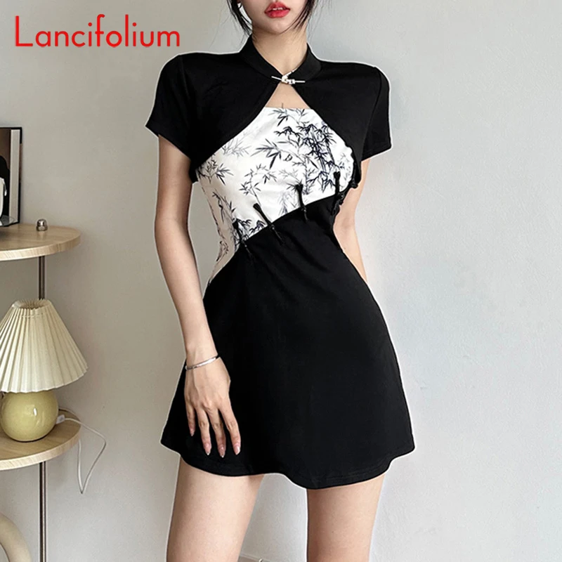 

Black Cute Crop Top Tee Metal Buckle Dress Matching Tshirts Short Sleeve Mock Neck Chinese Gothic Cropped Shoulder Smock T Shirt