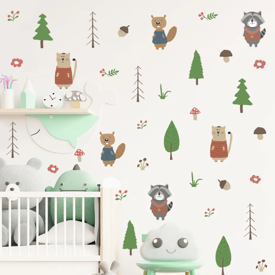 

Watercolor Cartoon Cute Forest Animals Tree Kids Room Nursery Wall Decor Vinyl Wall Stickers Wall Decals for Home Decoration